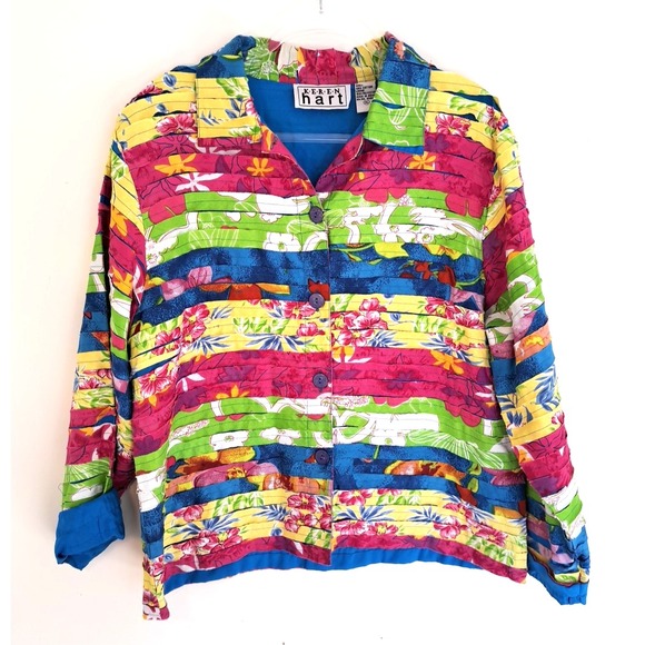 KEREN hart Jackets & Blazers - Patchwork Cut & Sew Button Down Jacket Womens XL‎ Bright Festive Floral Cottage